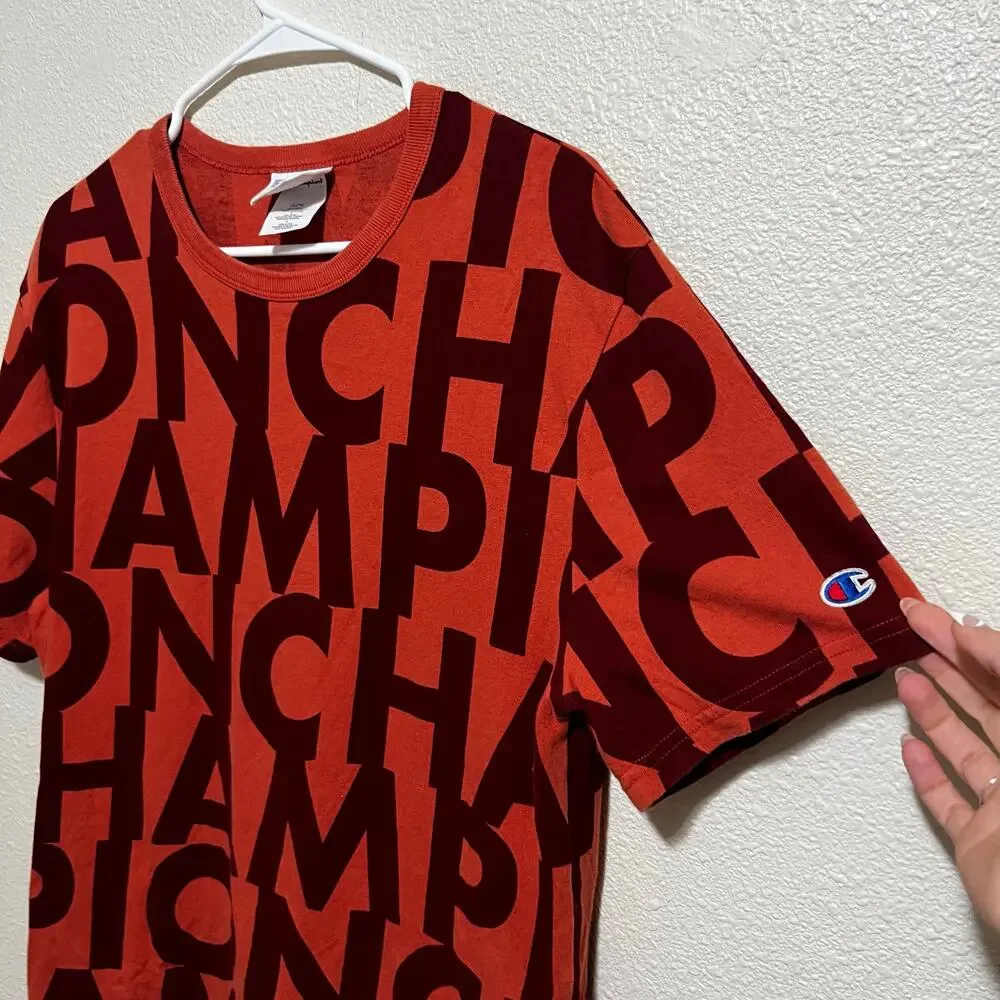 Champion Heritage red orange all over script crewneck short sleeve tee shirt L - Picture 3 of 6